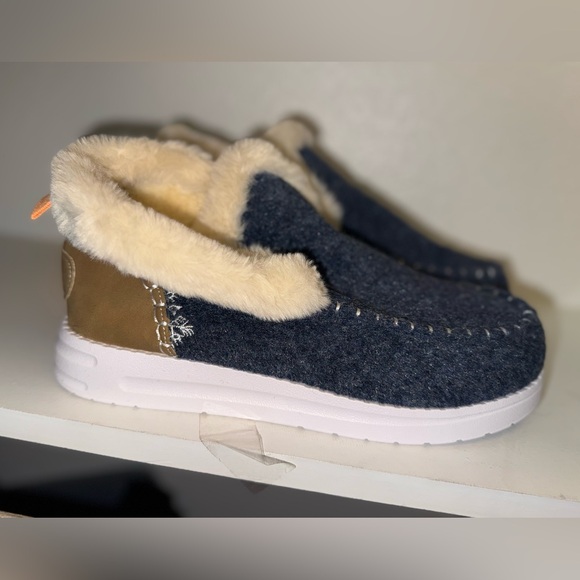 Women's Fuzzy Ankle Booties - Navy and Tan - Picture 1 of 10